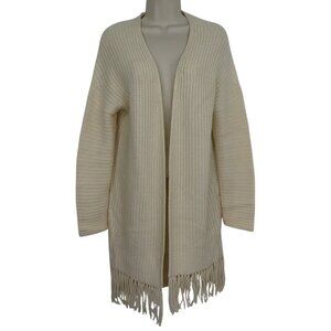 360 Cashmere Women Small Cream Long Knit Fringe Open Front Cardigan Sweater